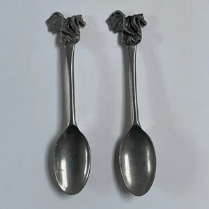 Pewter Baby Spoon‎ Set of 2 Silver Dragon Handle Home Decor Kitchen Dining